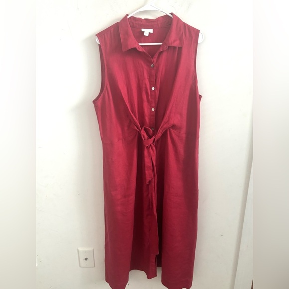 J. Jill Love Linen Midi Dress Sz L Burgundy Tie Front Button Up Sleeveless Beach - Picture 2 of 6